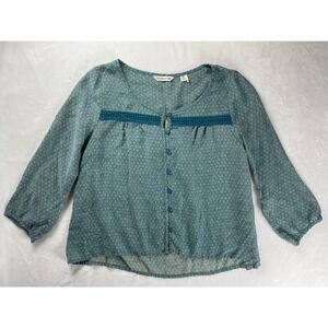 Toad&Co Womens Teal Blue Geometric Tencel Button Front Blouse Crochet Medium